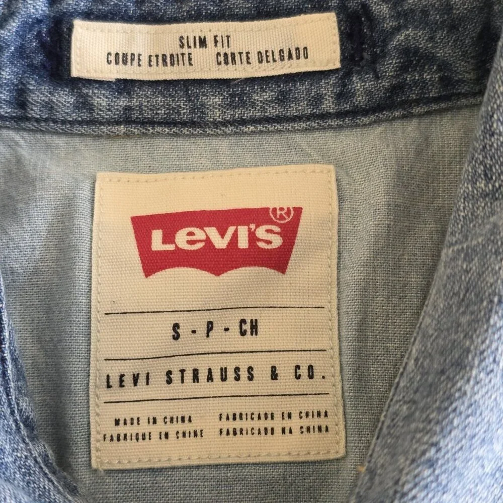 Levi's Denim Shirt Mens S Blue LS Pearl Snap Buttons Western Cotton Slim Cowboy